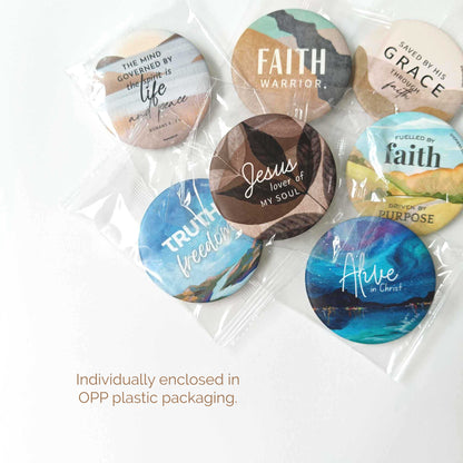 assorted designs of christian pin badges in individually enclosed OPP plastic packaging