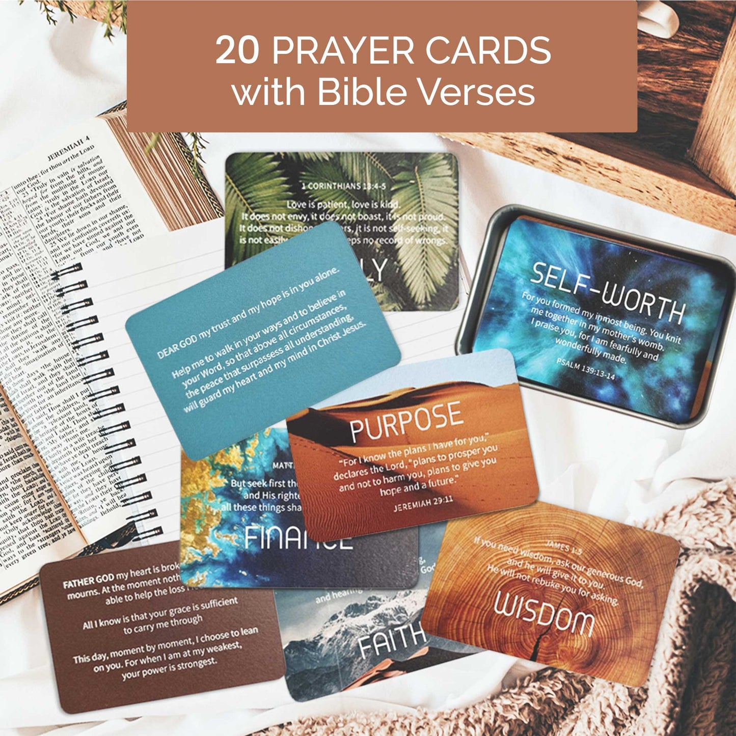 20 pieces prayer cards with BIble verses arranged top view with Bible and notebook and rustic elements.