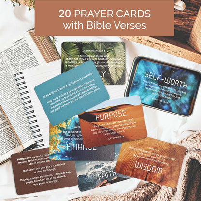20 pieces prayer cards with BIble verses arranged top view with Bible and notebook and rustic elements.