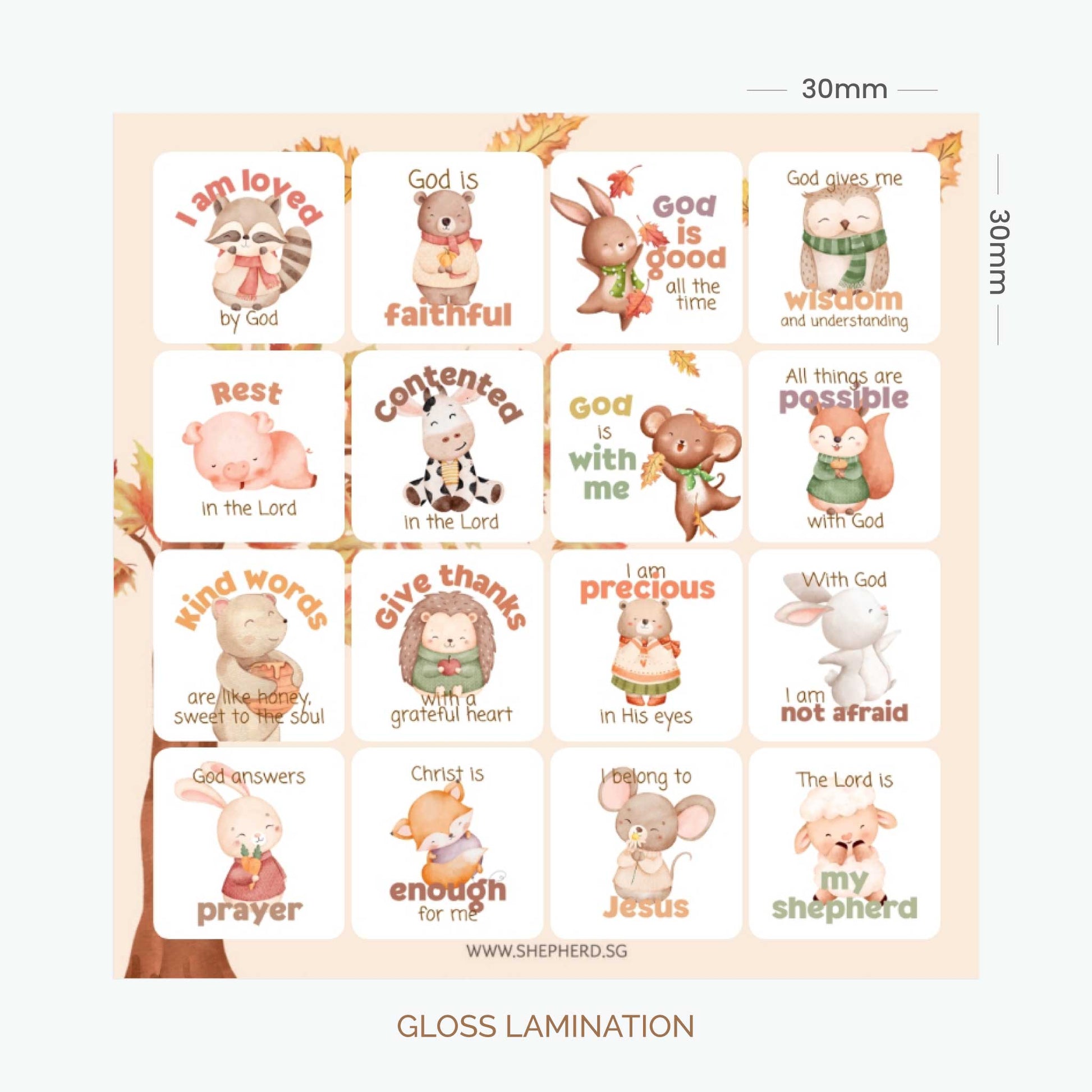 Sheet of children's stickers with animal illustrations and Christian phrases on a white background.