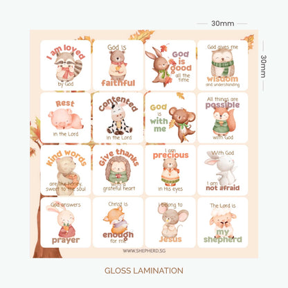 Sheet of children's stickers with animal illustrations and Christian phrases on a white background.