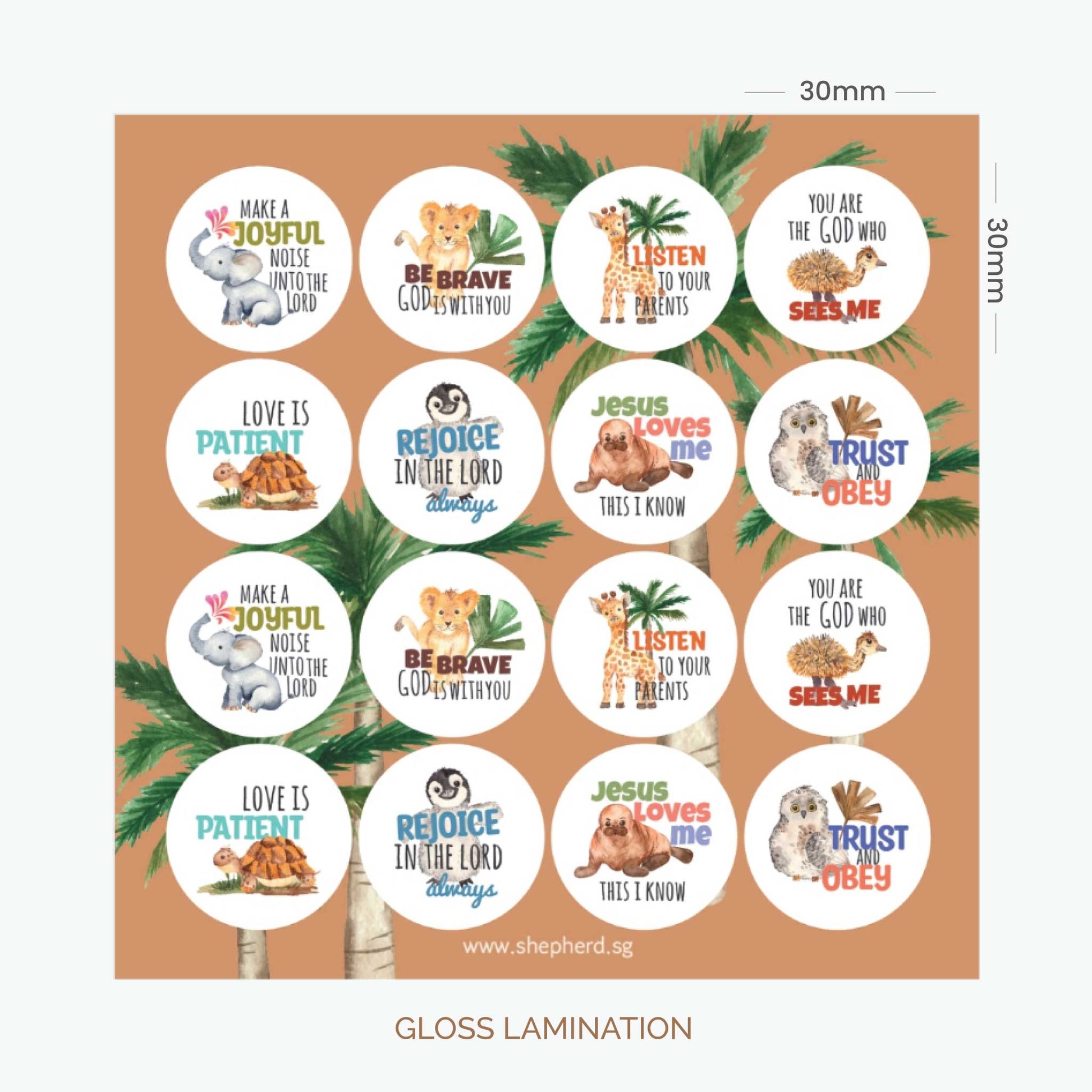 Set of 16 circular children stickers with Christian phrases on a white background