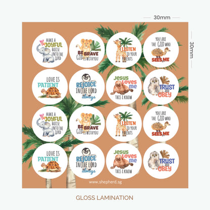 Set of 16 circular children stickers with Christian phrases on a white background