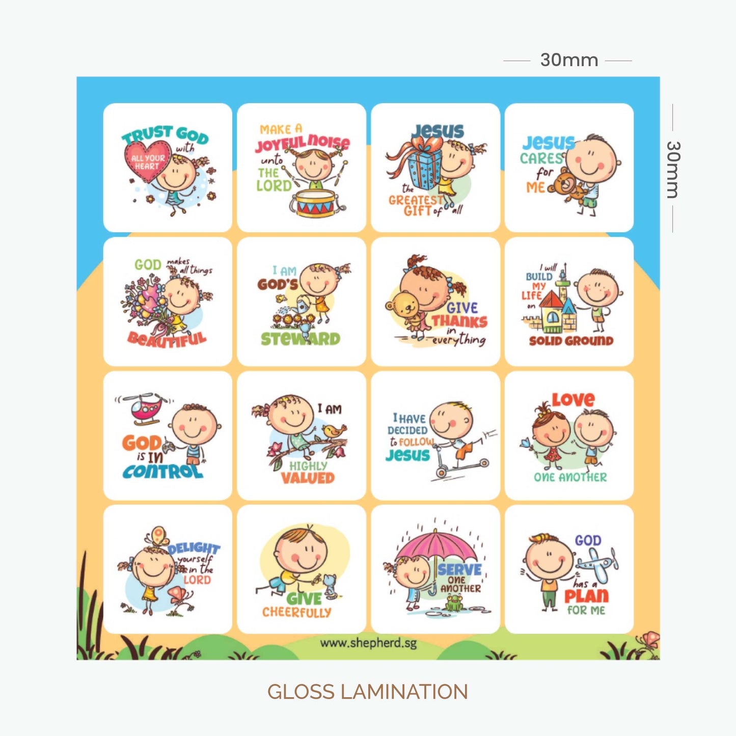 Sheet of children's stickers with Christian messages on a white background