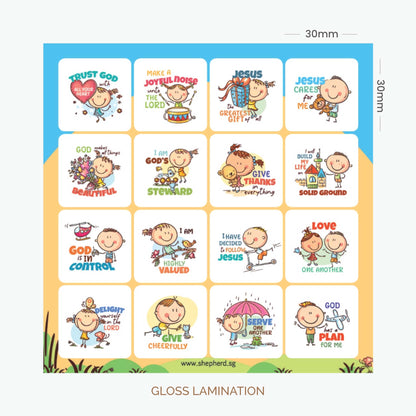 Sheet of children's stickers with Christian messages on a white background
