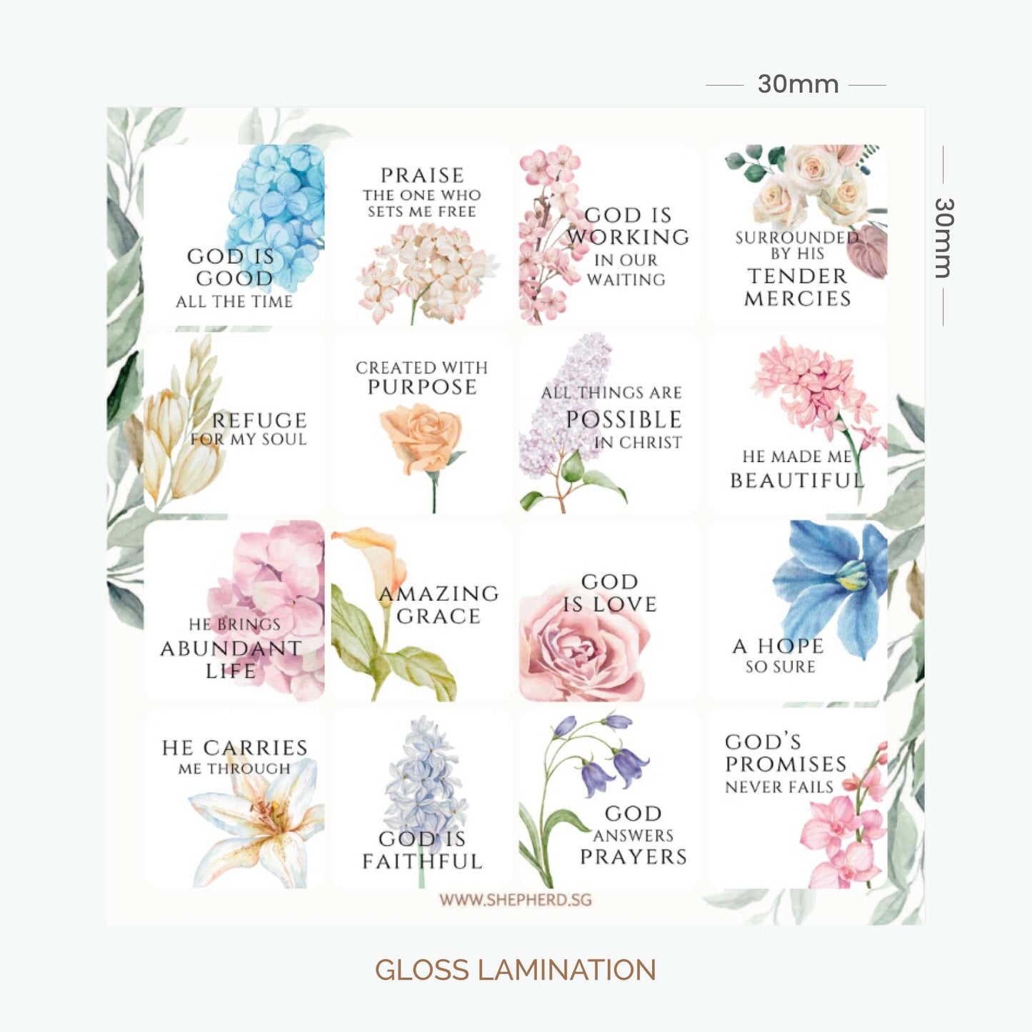 Set of floral stickers with Christian messages on a white background