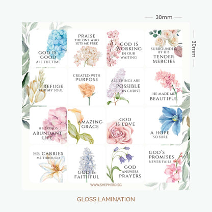 Set of floral stickers with Christian messages on a white background