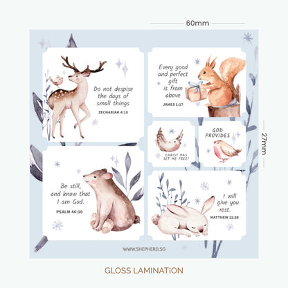 Sheet of Christian stickers with Bible verses and animals of the woods on white background