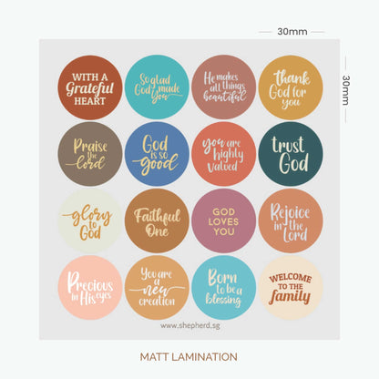 Sheet of round stickers with Christian phrases on a white background