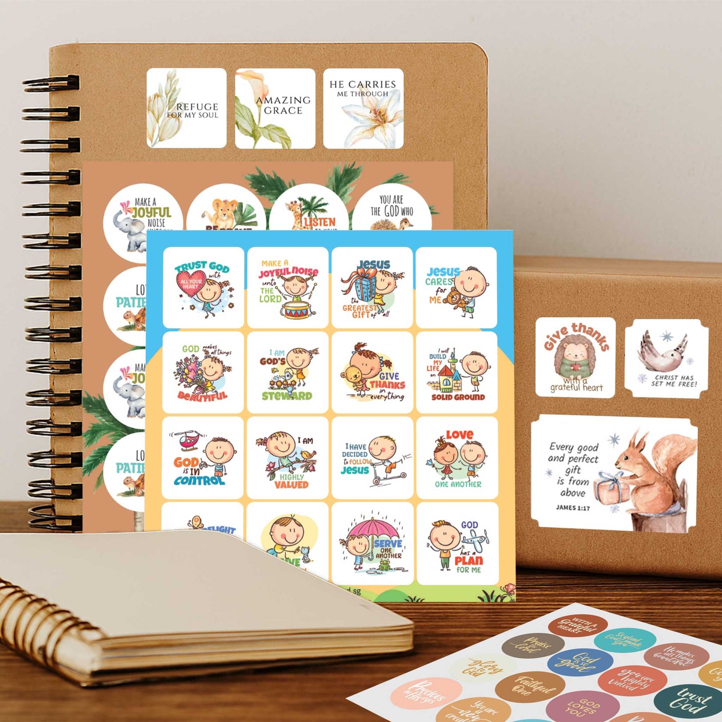 Collection of Christian stickers for adult and children on a notebook and other surfaces