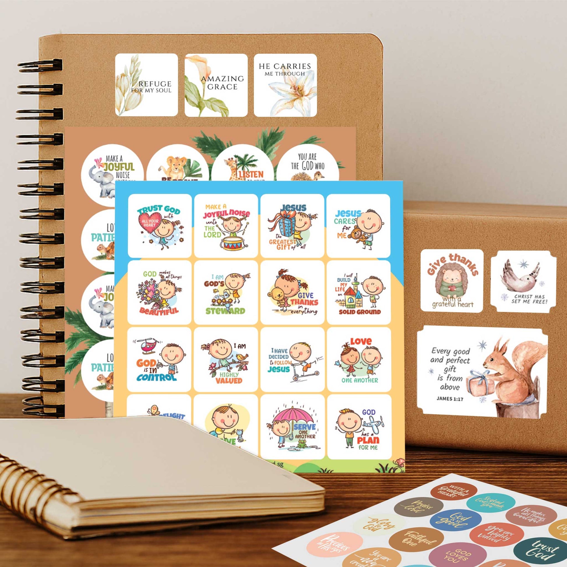 Collection of Christian stickers for adult and children on a notebook and other surfaces