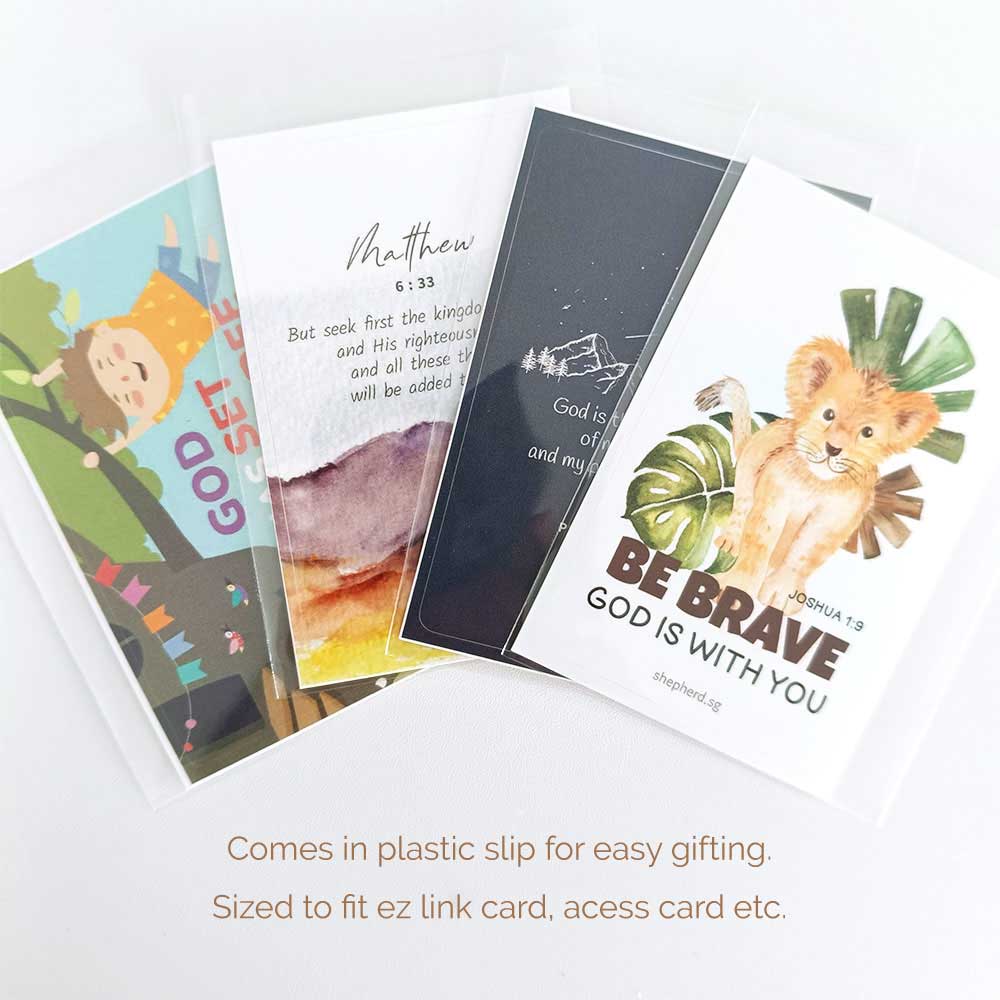 Four wallet card sized stickers designed by Shepherd.SG displayed in individual plastic slips.