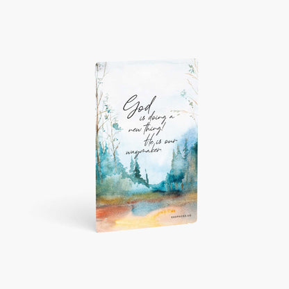 A curved corner wallet card size sticker standing vertically on a white background with text 'God is doing a new thing! He is our waymaker.