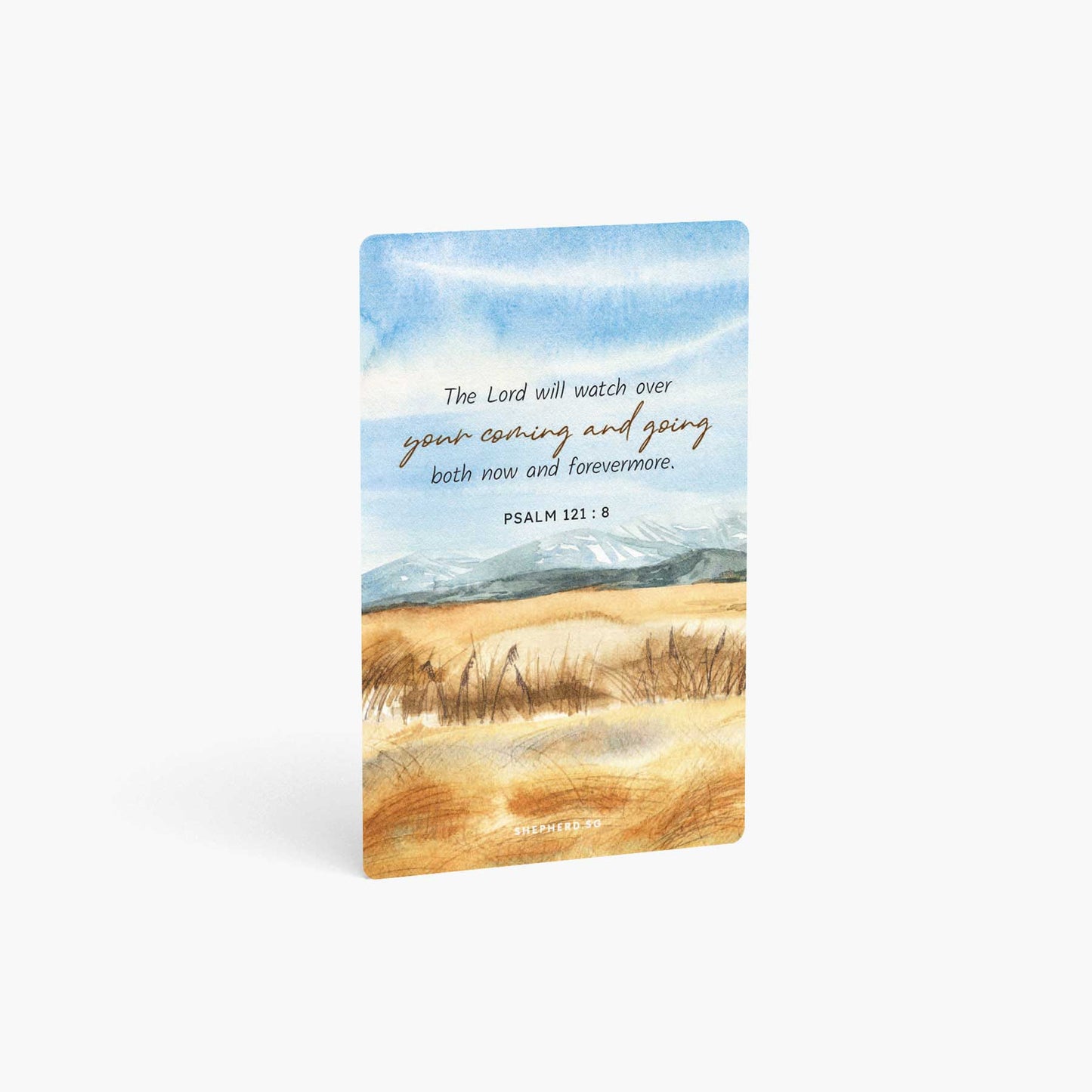 A curved corner wallet card size sticker standing vertically on a white background with BIble verse Psalm 121:8 The Lord will watch over