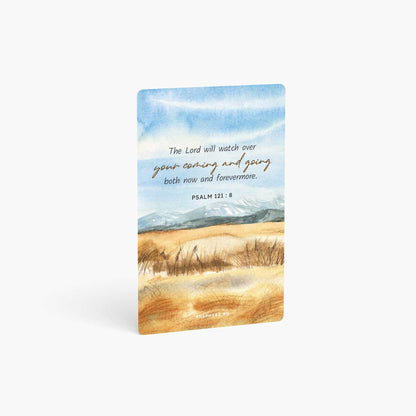 A curved corner wallet card size sticker standing vertically on a white background with BIble verse Psalm 121:8 The Lord will watch over