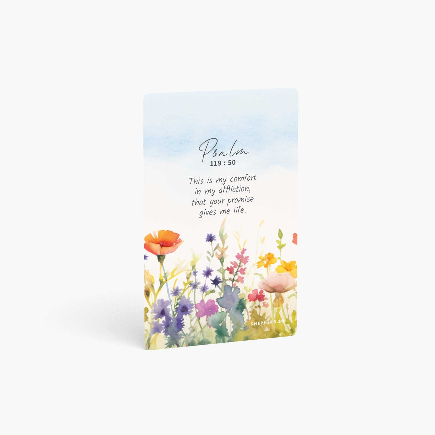 A curved corner wallet card size sticker standing vertically on a white background with Bible verse Psalm 119:50 This is my comfort