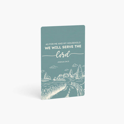 A curved corner wallet card size sticker standing vertically on a white background with Bible verse Joshua 24:15 As for me and my household