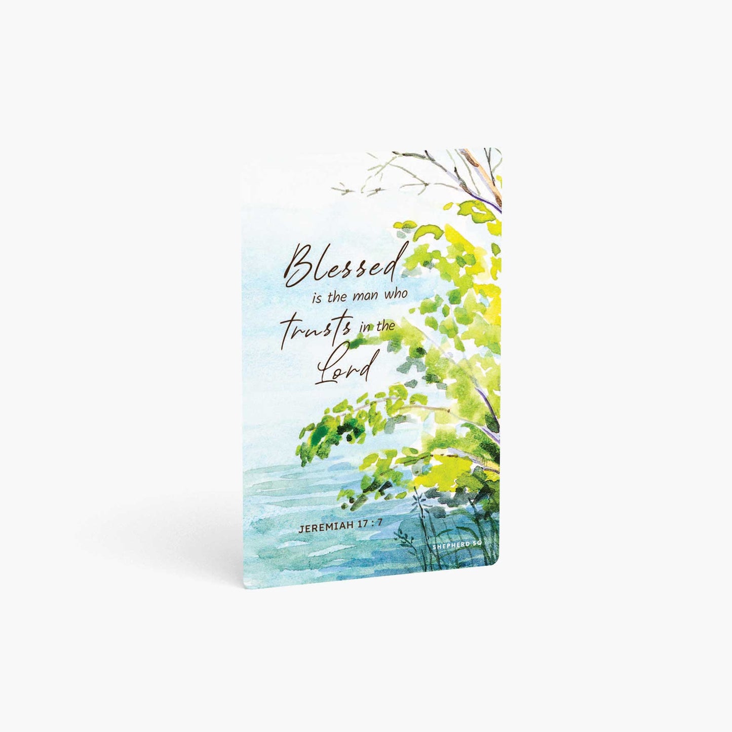 A curved corner wallet card size sticker standing vertically on a white background with Bible verse Jeremiah 17:7 Blessed is the man who trusts in the Lord