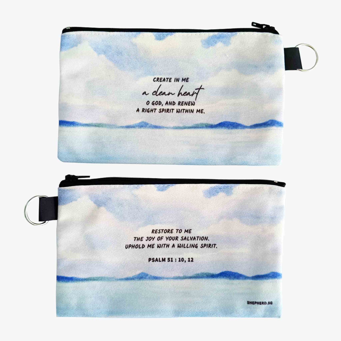 canvas zipper pouch front reverse with bible verse create in me a clean heart 