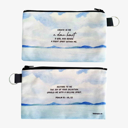 canvas zipper pouch front reverse with bible verse create in me a clean heart 