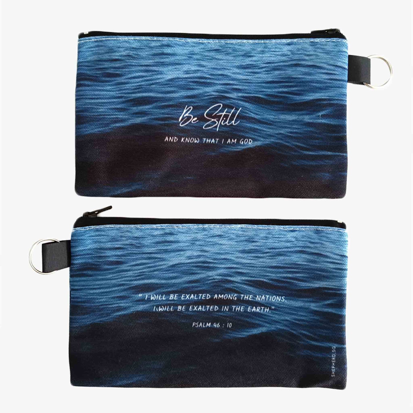 pouch front reverse view with bible verse psalm 46 verse 10 be still and know on deep blue sea background