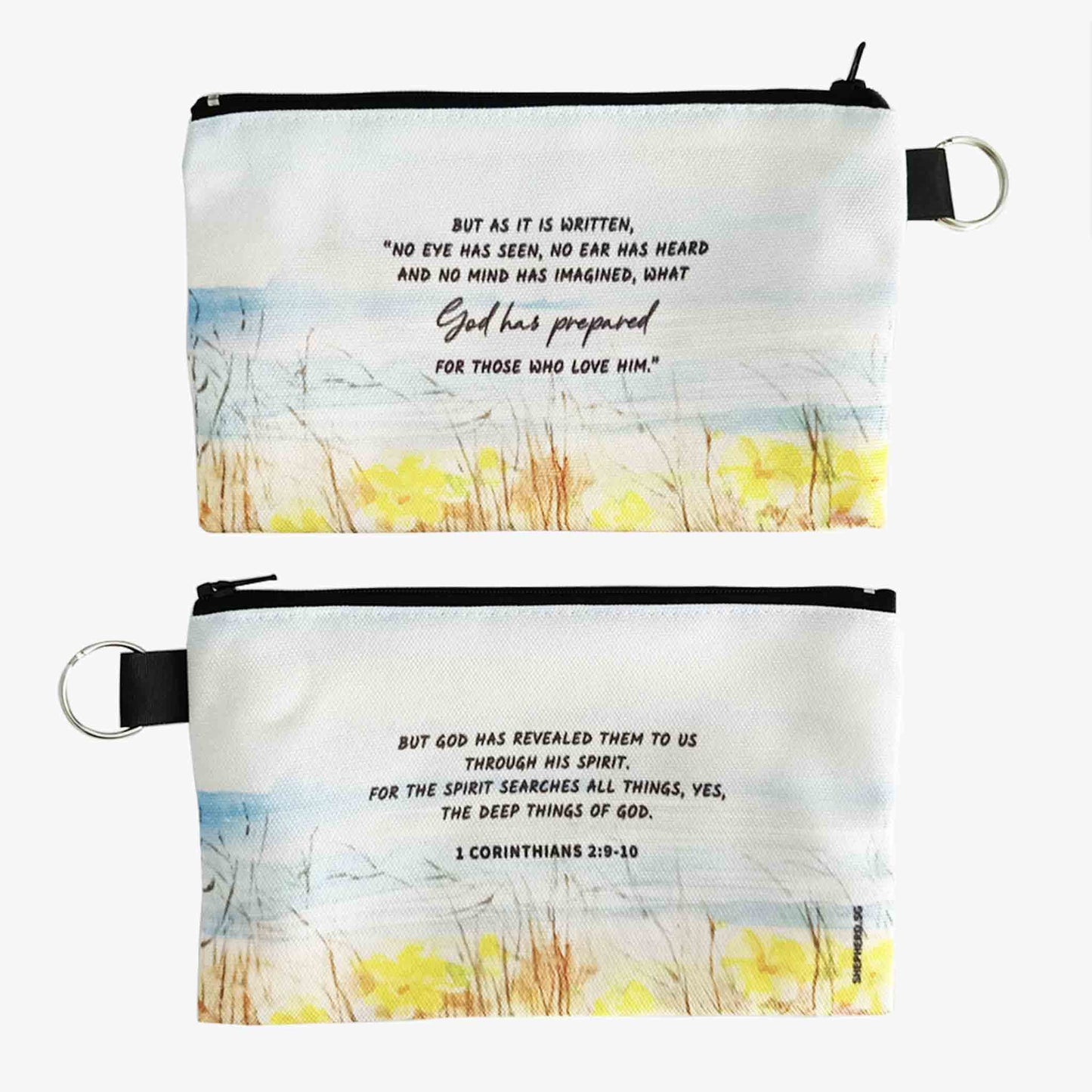 canvas zipper pouch front reverse view with bible verse no eye has seen 1 corinthians.