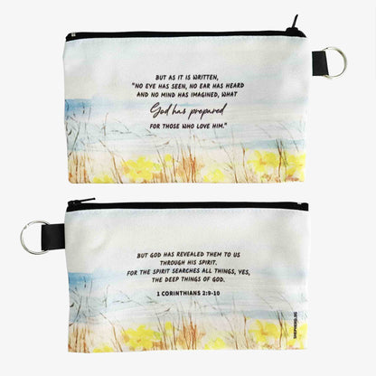 canvas zipper pouch front reverse view with bible verse no eye has seen 1 corinthians.