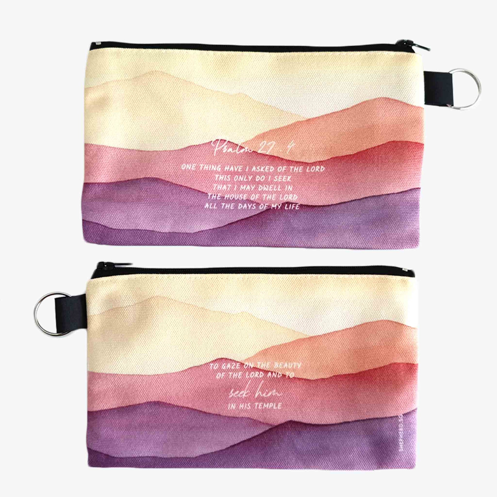 canvas zipper pouch front reverse view with bible verse one thing have i asked of the lord