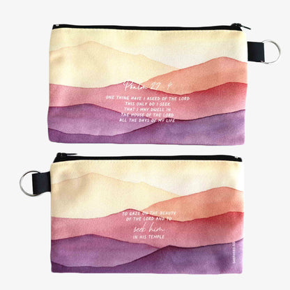 canvas zipper pouch front reverse view with bible verse one thing have i asked of the lord