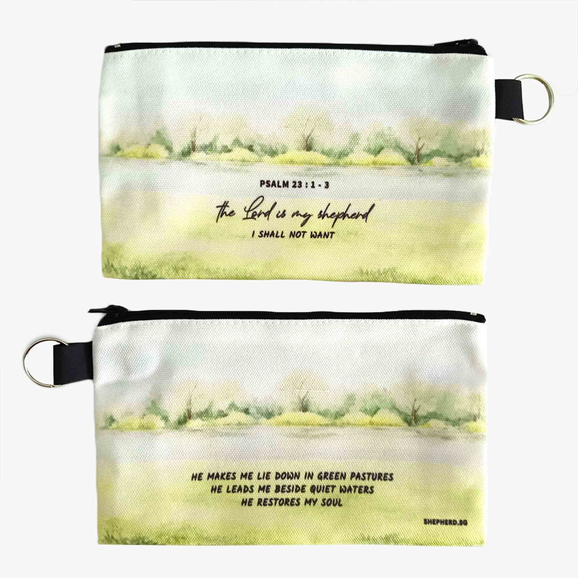 canvas zipper pouch front reverse view with bible verse the lord is my shepherd on green pastures background