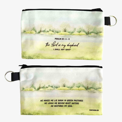 canvas zipper pouch front reverse view with bible verse the lord is my shepherd on green pastures background