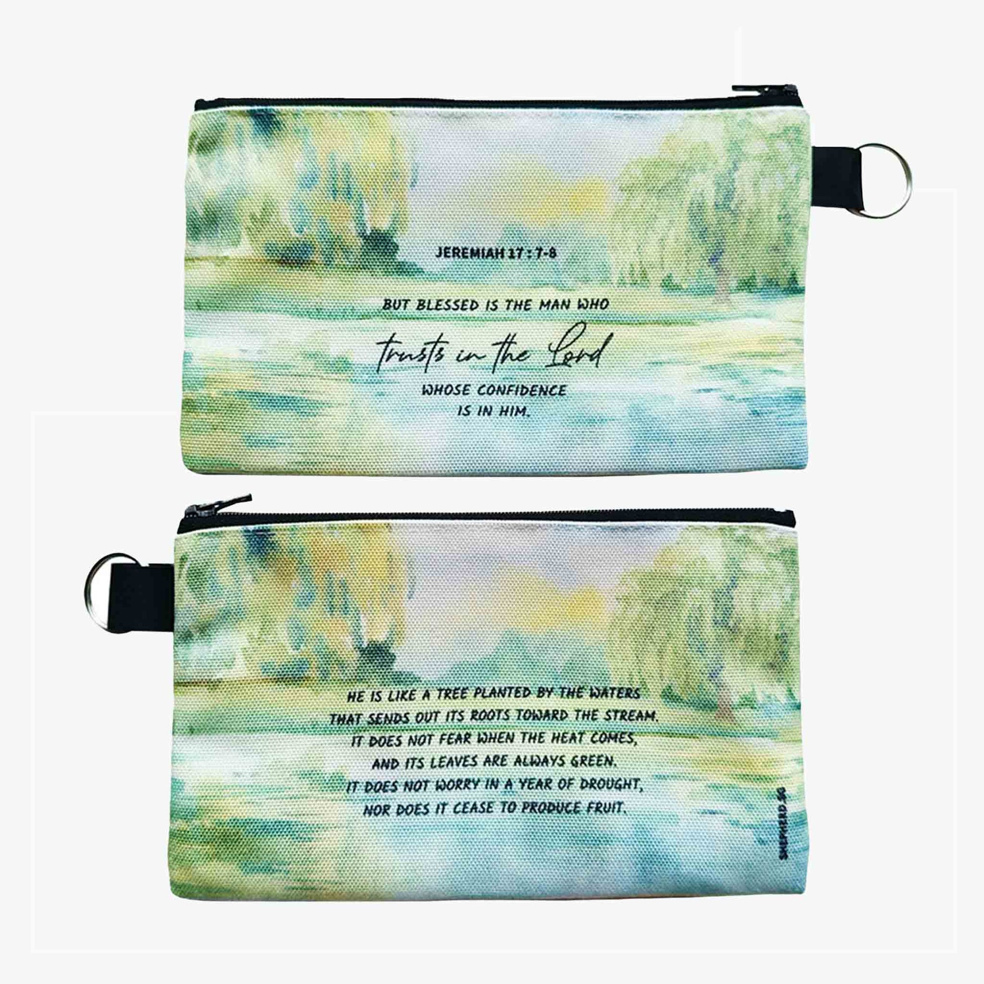 canvas zipper pouch front reverse view with bible verse blessed is the man who trusts in the Lord