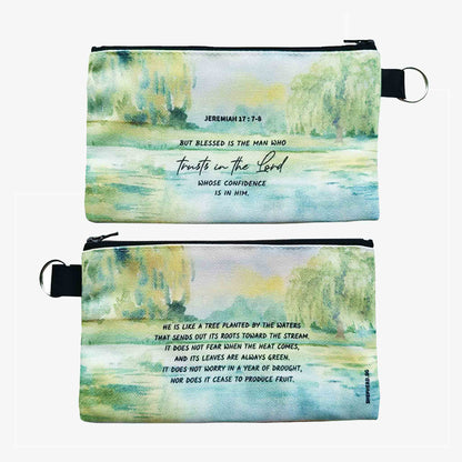 canvas zipper pouch front reverse view with bible verse blessed is the man who trusts in the Lord
