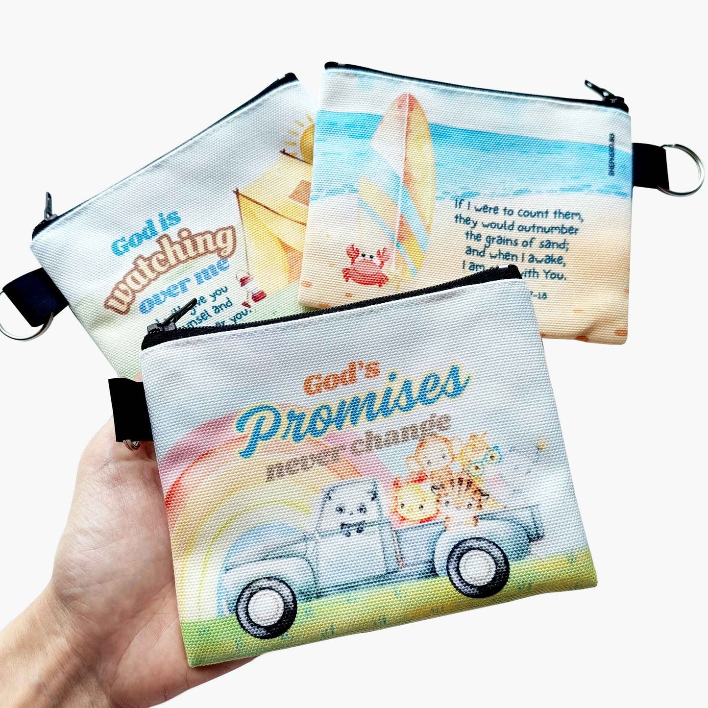 three kids canvas zipper pouch front reverse with bible verse on white background
