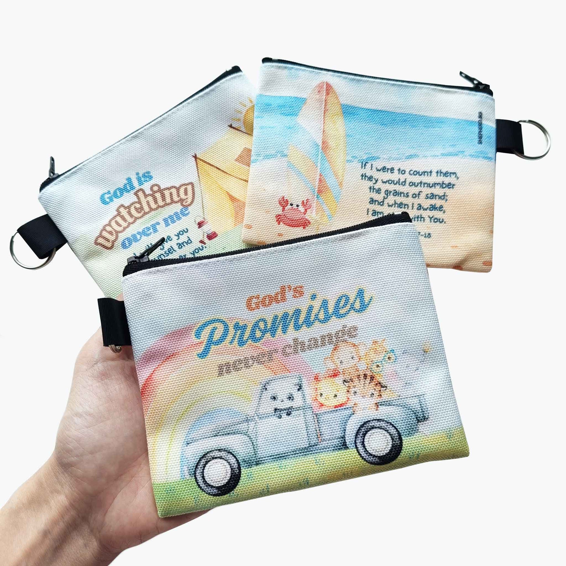 three kids canvas zipper pouch front reverse with bible verse on white background