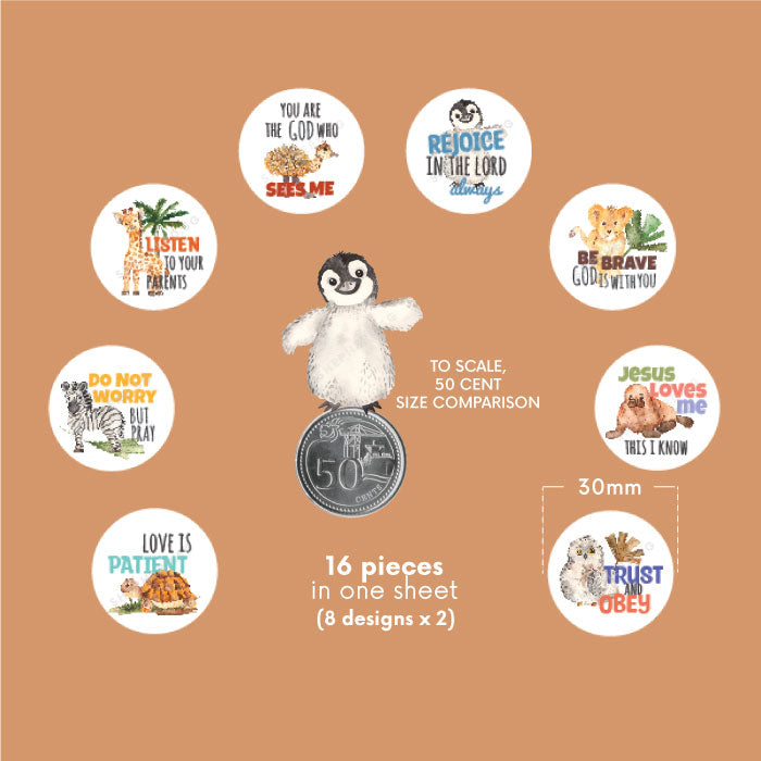 Size measurement of Christian children stickers in comparison with a 50 cent coin.