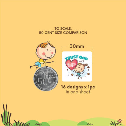 30mm size measurement of children Christian sticker compared to size of a 50 cent coin drawn to scale