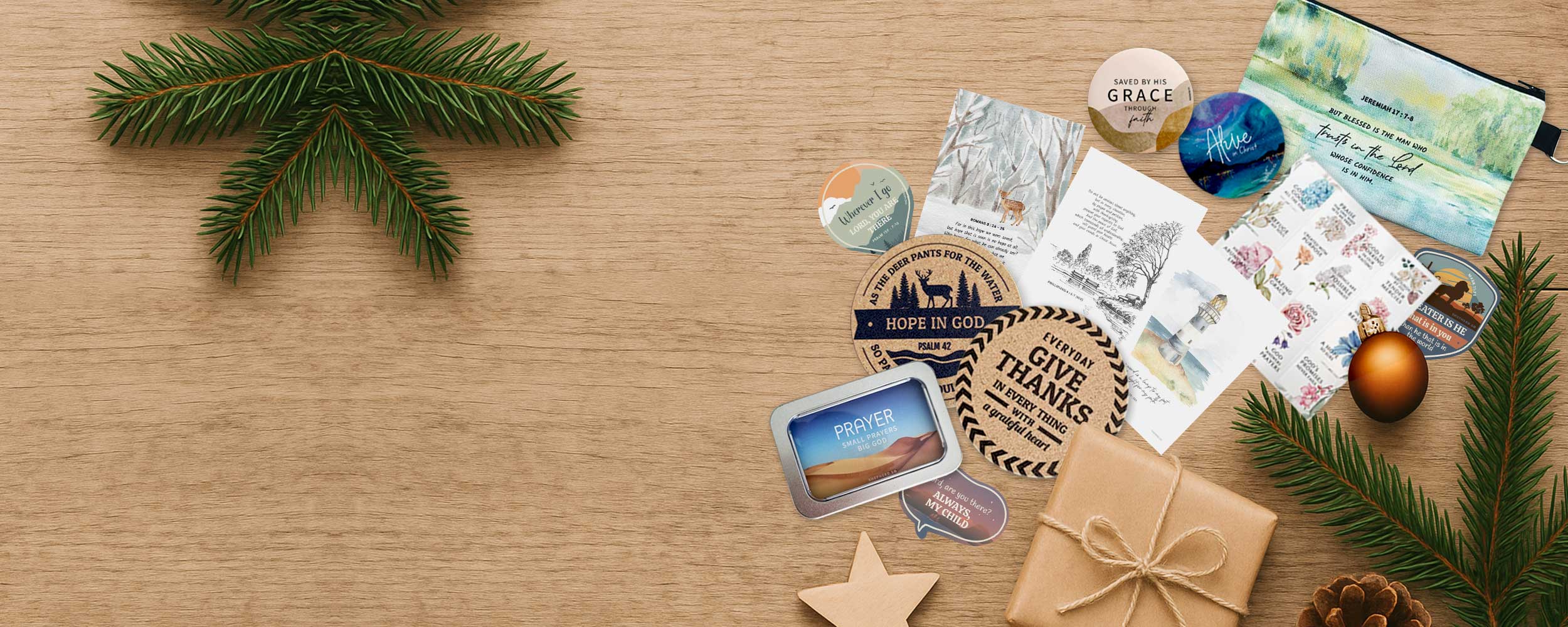 collection of shepherd sg gift items on a wooden top with christmas decoration