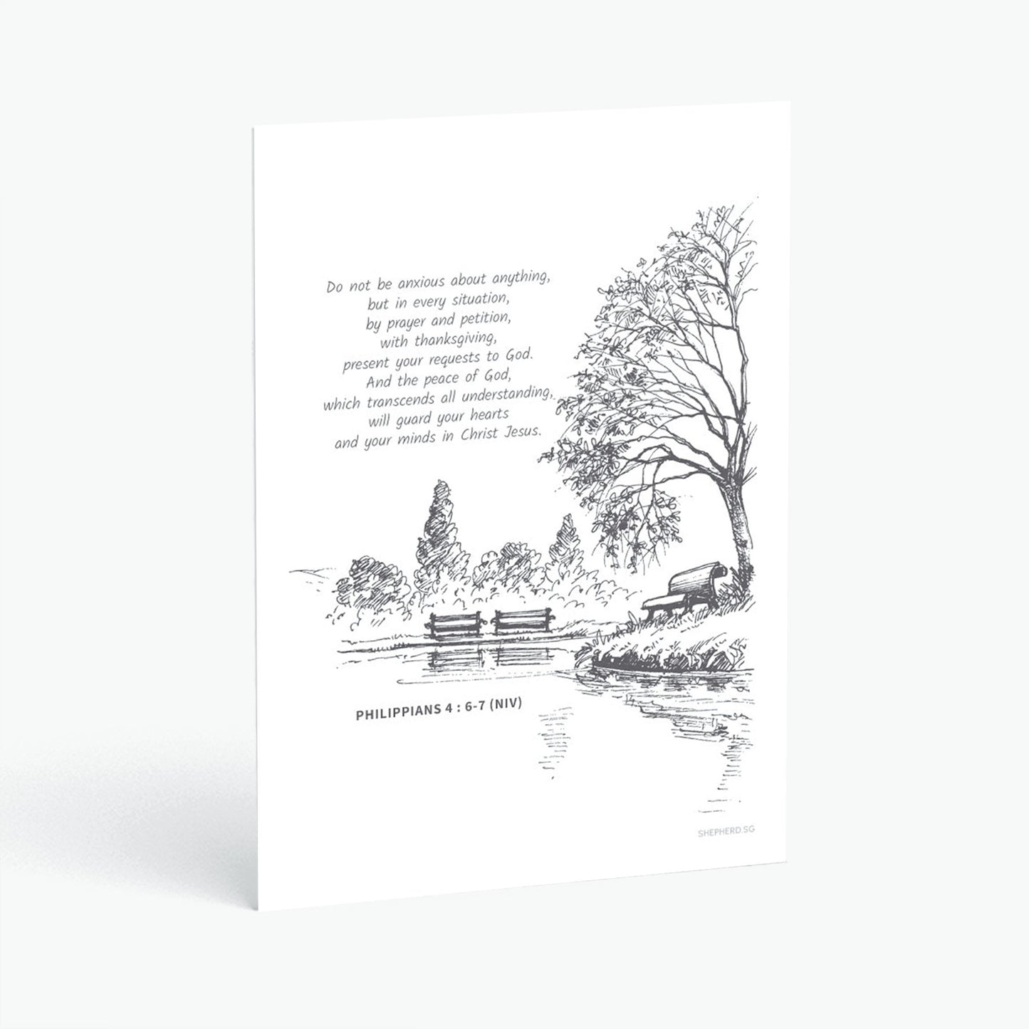 Christian postcard with Bible verse Philippians 4:6 and pen drawn landscape of park and lake 
