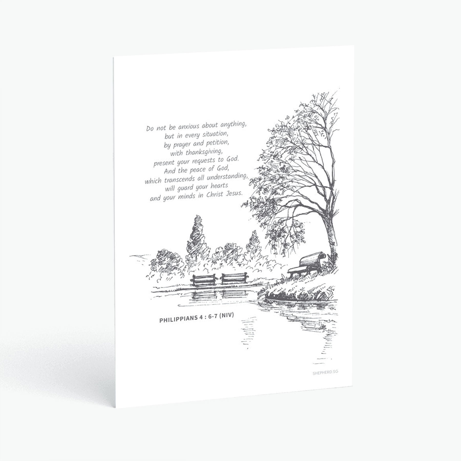 Christian postcard with Bible verse Philippians 4:6 and pen drawn landscape of park and lake 
