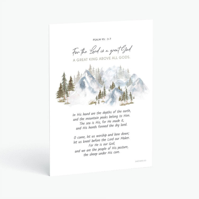 Christian postcard with Bible verse Psalm 95:3-7 and watercolor design of pine trees amidst snowy mountains on white background