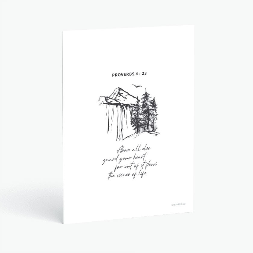 Christian postcard with Bible verse proverbs 4:23 with pen drawing of mountain waterfall and trees on a white background
