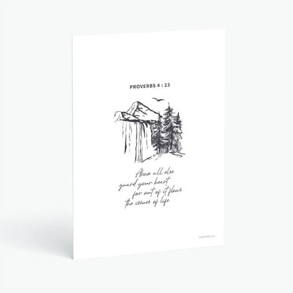 Christian postcard with Bible verse proverbs 4:23 with pen drawing of mountain waterfall and trees on a white background