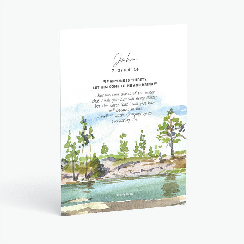 Christian postcard with Bible verse john 7 and 4 and watercolor design of a stream and creek landscape on white background
