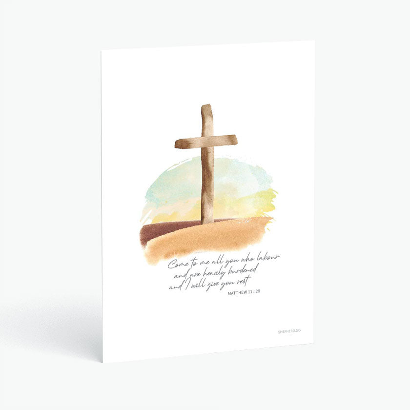 Christian postcard with Bible verse Matthew 11:28 with watercolor cross on white background