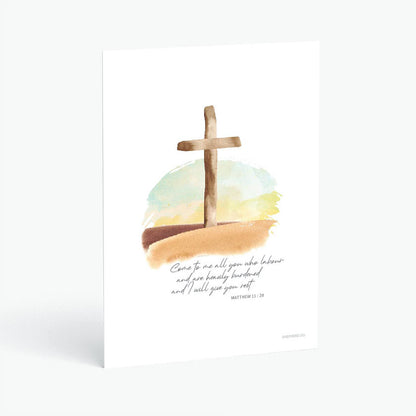 Christian postcard with Bible verse Matthew 11:28 with watercolor cross on white background