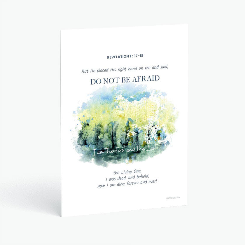 Christian postcard with Bible verse Revelation 1:17-18 with watercolor abstract design of trees on white background