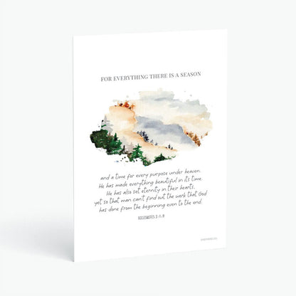 Christian postcard with Bible verse Ecclesiastes 3:1-8 and watercolor abstract design of seasons on white background