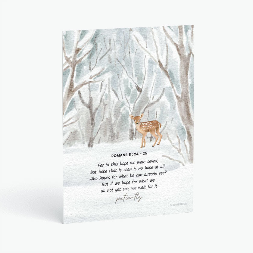 Christian postcard with Bible verse romans 8 24 and watercolor design of snowy forest landscape with a deer