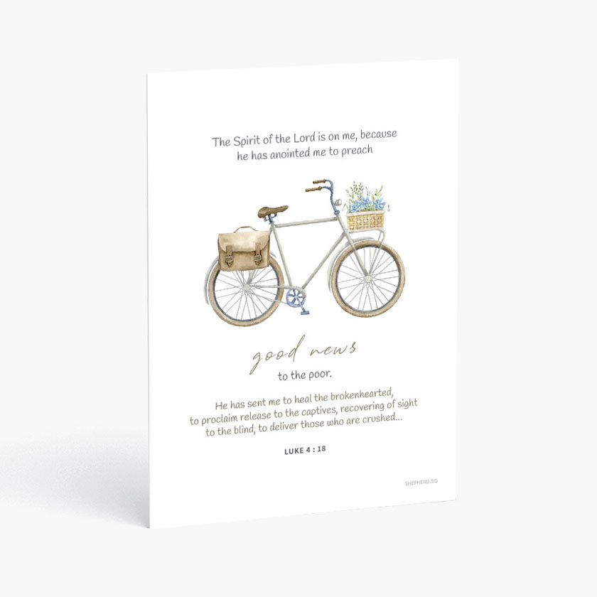 Christian postcard with Bible verse Luke 4:18 of watercolor bicycle with flower basket on white background